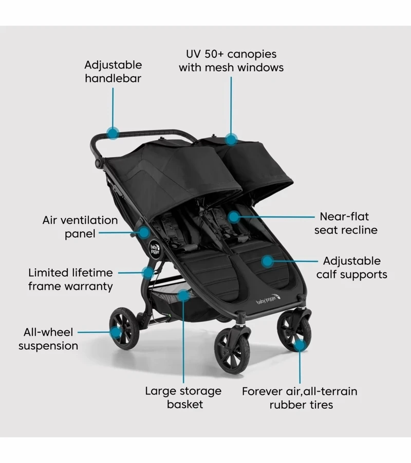 Baby Jogger City Mini GT2 Side By Side Double Stroller, All-Terrain Package - Jet 8 Baby Jogger City Mini GT2 Side By Side Double Stroller, All-Terrain Package - Jet - Image 6