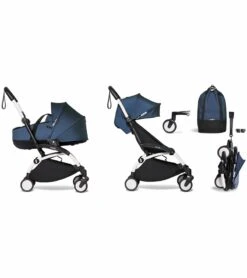 Babyzen YOYO2 Ultra Compact Complete 6+ Stroller With Bassinet & Rolling Bag Bundle - White/Air France Blue