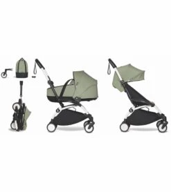 Babyzen YOYO2 Ultra Compact Complete 6+ Stroller With Bassinet & Rolling Bag Bundle - White / Olive
