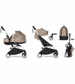 Babyzen YOYO2 Ultra Compact Complete 6+ Stroller With Bassinet & Rolling Bag Bundle - White/Taupe