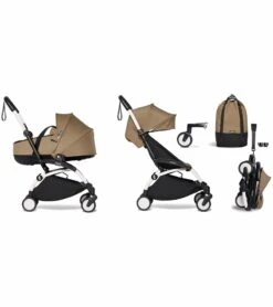 Babyzen YOYO2 Ultra Compact Complete 6+ Stroller With Bassinet & Rolling Bag Bundle - White/Toffee
